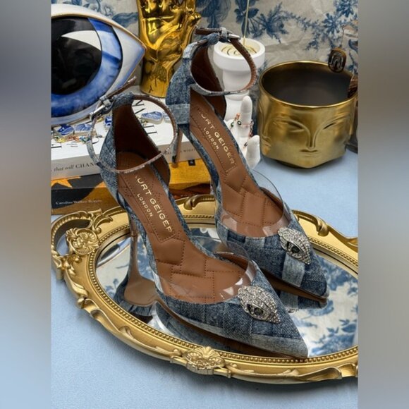 🆕 KURT GEIGER LONDON 🧿 NWOB Belgravia Denim Vinyl High Heel - Sz 37 US 7 - Picture 4 of 15